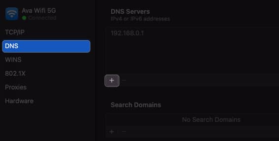 select dns click plus sign in wi fi settings