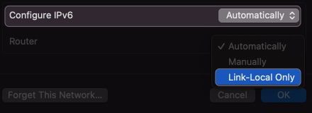 select dropdown beside configure ipv6 click link local only in wi fi settings