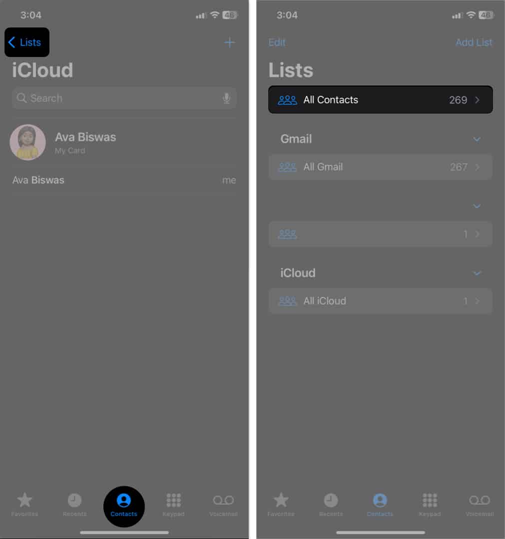 tap Lists tap All Contacts in contacts