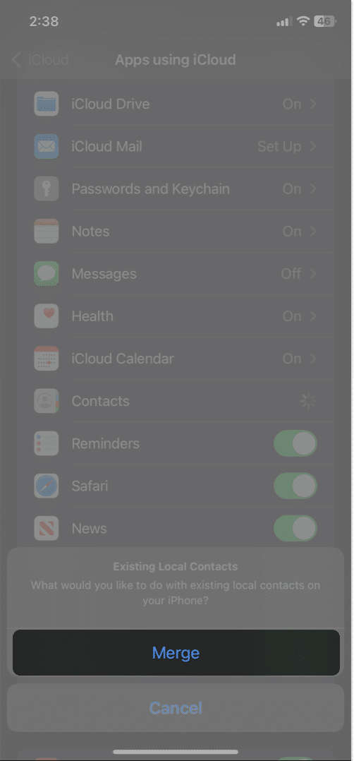 tap Merge in iCloud contact Settings