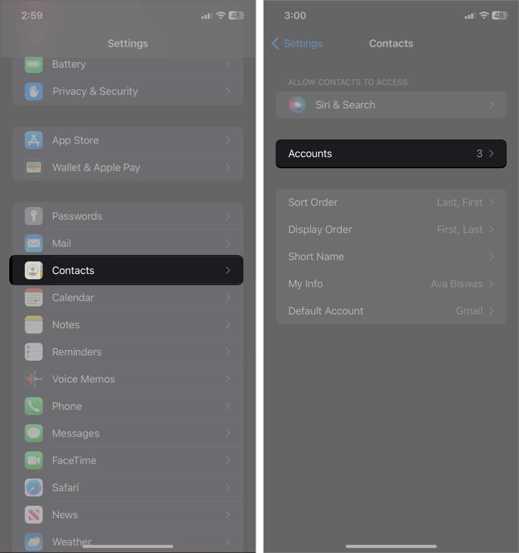 tap contacts tap Accounts in Settings