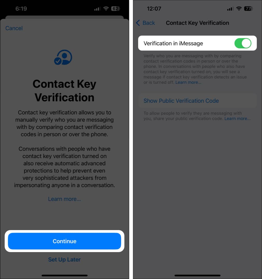 tap continue and toggle on verification in imessage