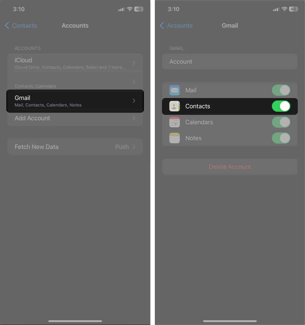 tap gmail toggle on Contacts in Settings