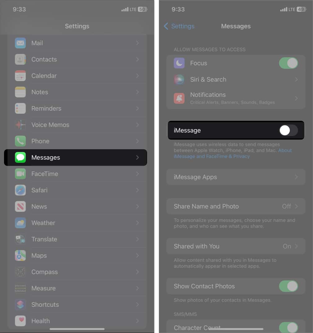 tap messages toggle off iMessage in Settings