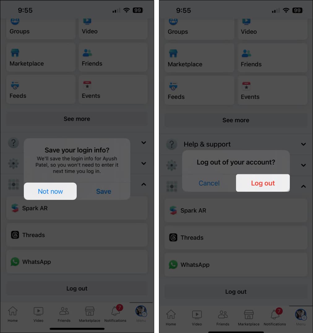 tap not now log out