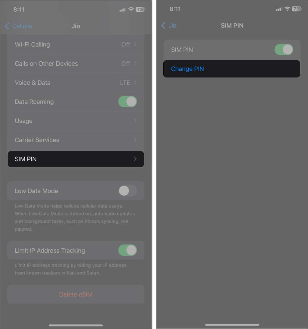 tap sim pin change pin in cellular settings