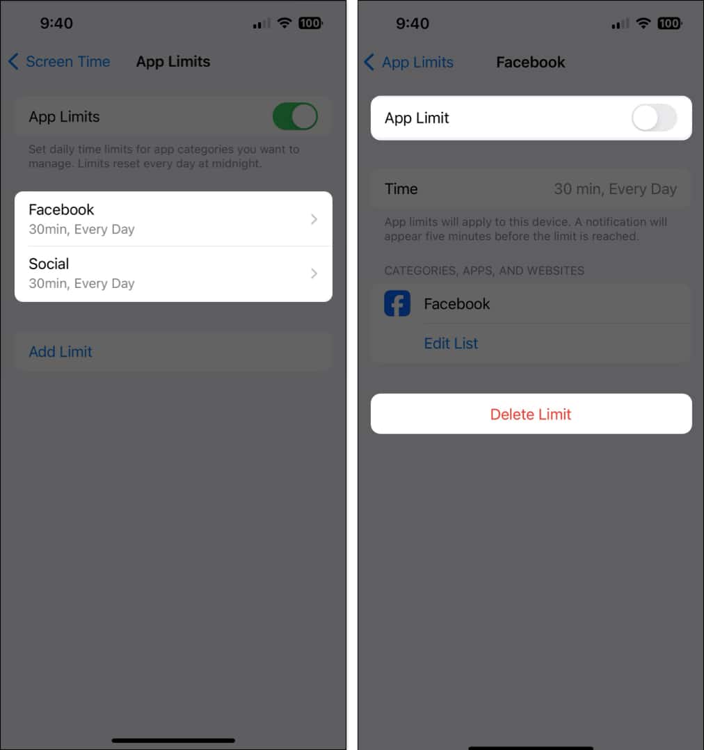 turn off app limits for facebook