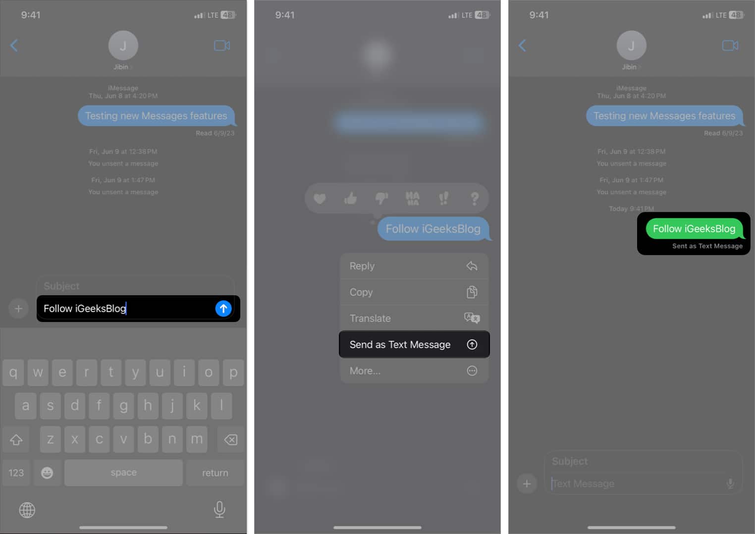 write a text tap blue arrow long press the text bubble tap Send as SMS in Messages