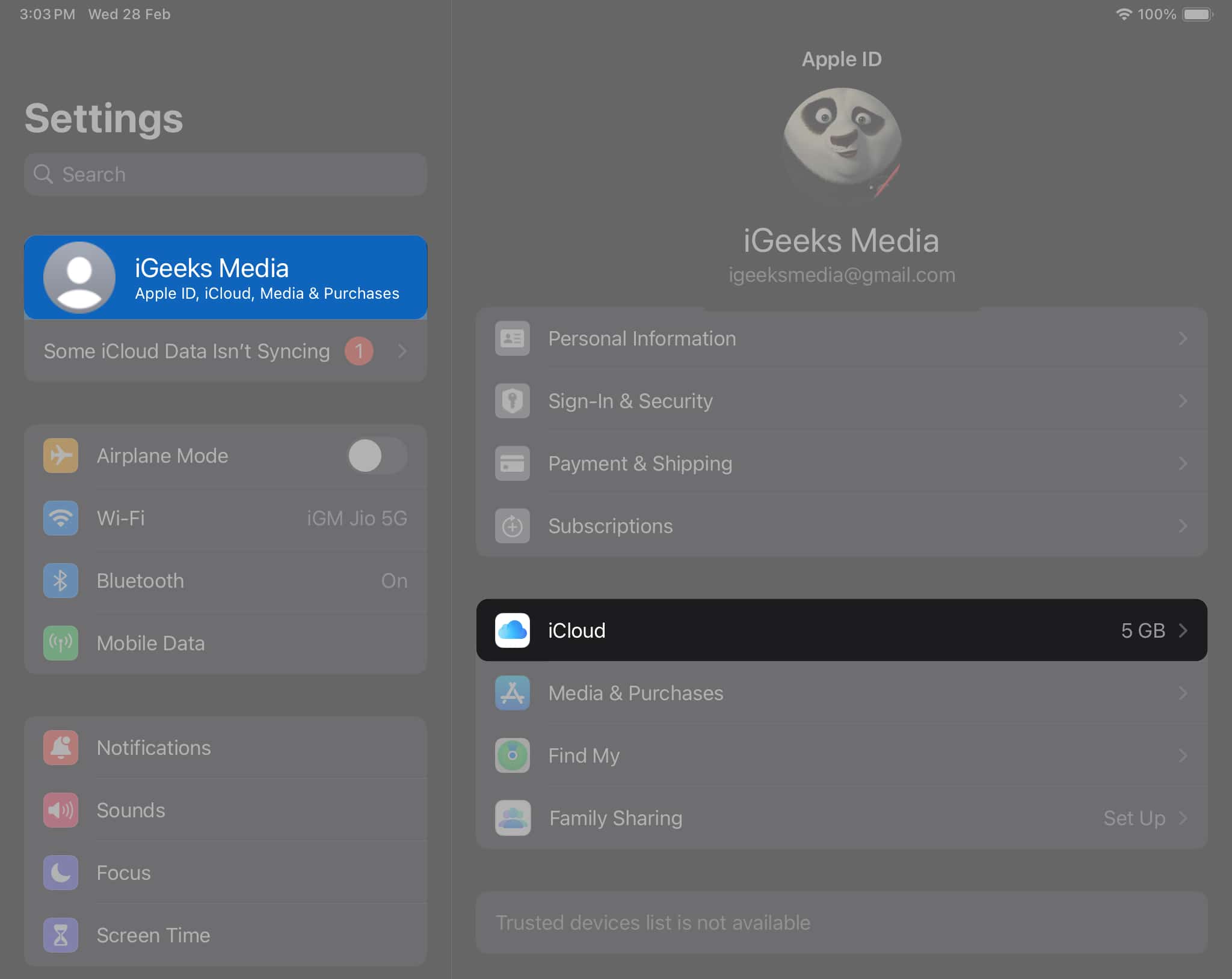 Go to Settings iCloud menu on iPad