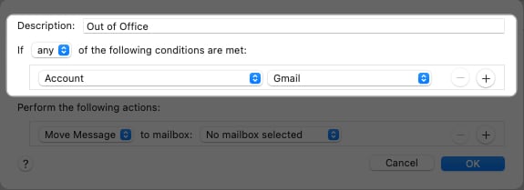 Add Description choose conditions in Mail app on Mac