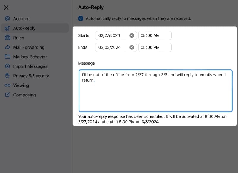 Add the start and end date select time and add the message