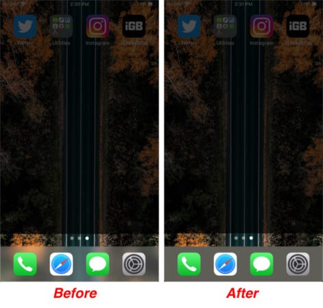 Before  After effect of changing Dock color on iPhone