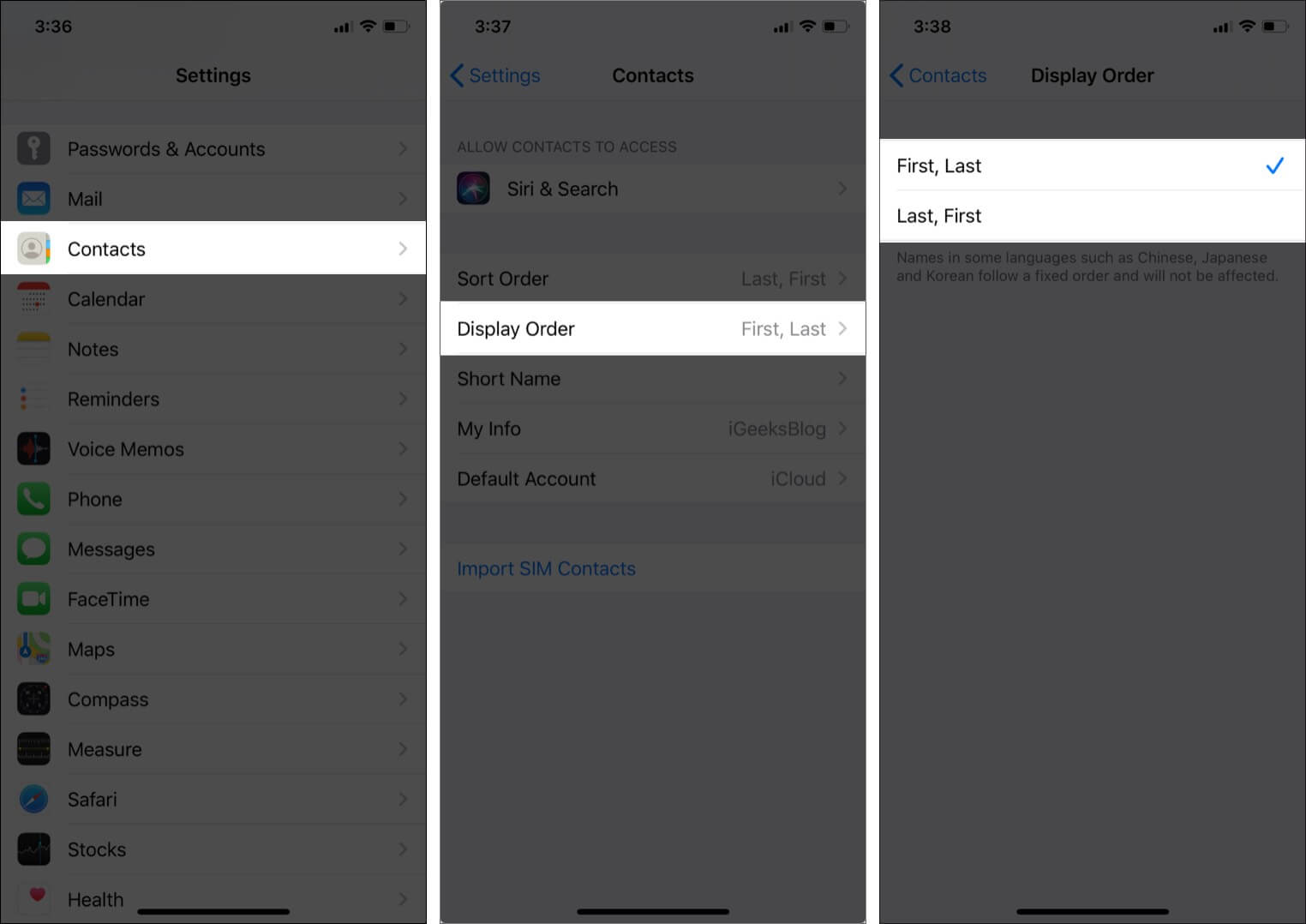Change contacts display order on iPhone