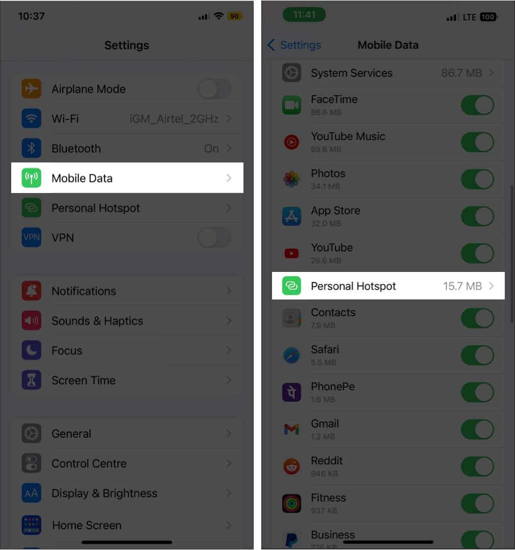 Check data consumption of Personal Hotspot on iPhone