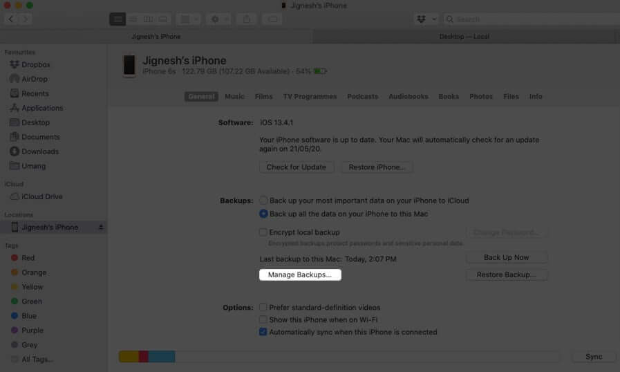 Click on Manage Backups on Mac