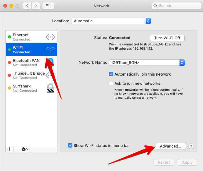 Click on Wi Fi then Advanced in Mac Network Settings