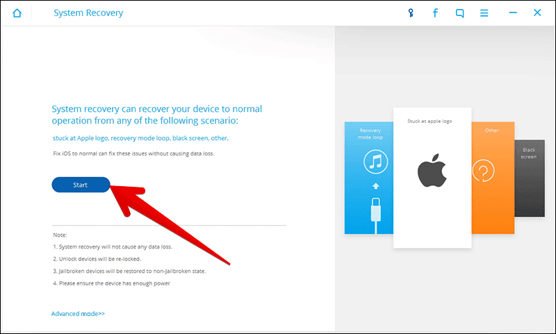 Connect iPhone to PC or Mac and Click Start in DrFone Software