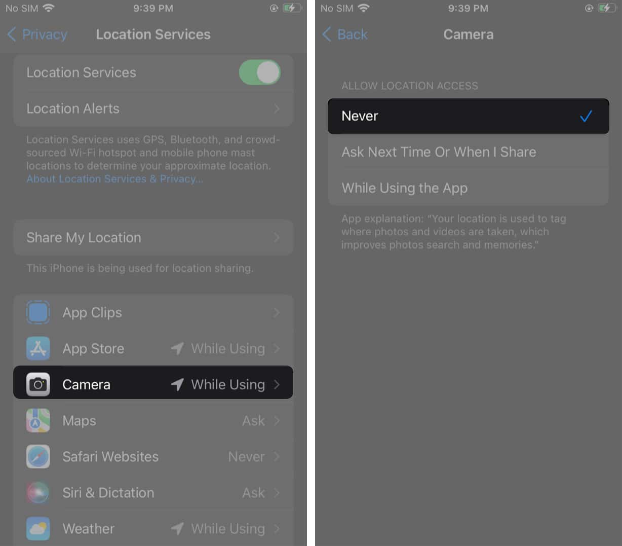 Disable geotagging for iPhone photos