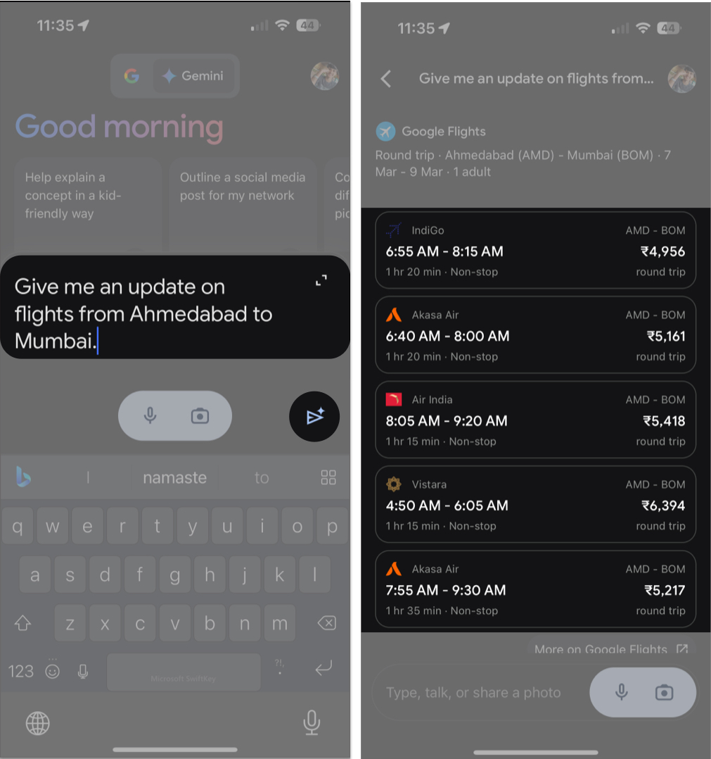 Gemini with Google Flights