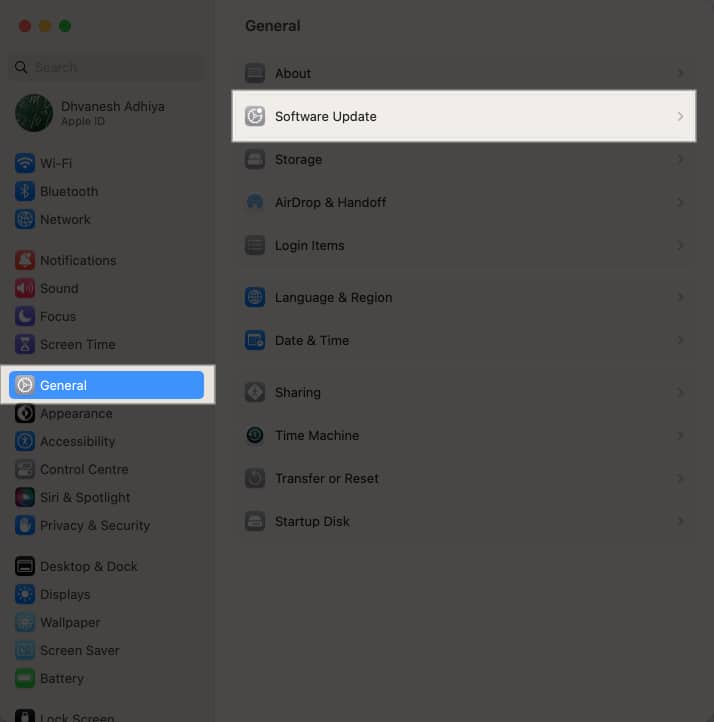 Go to General and click Software Updates