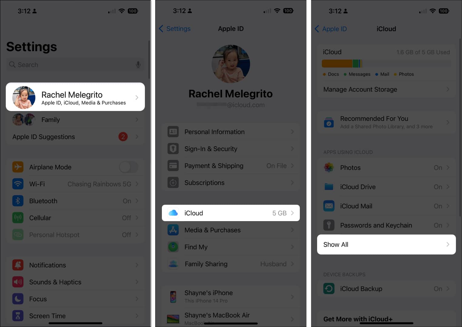 Go to Settings your name iCloud and Tap Show All