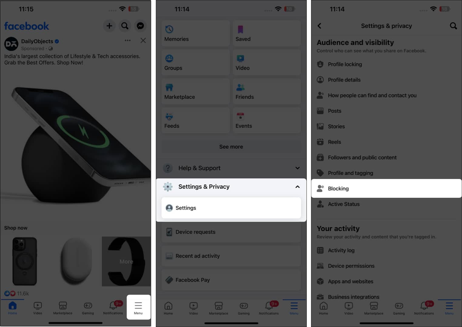 Go to menu select settings tap blocking