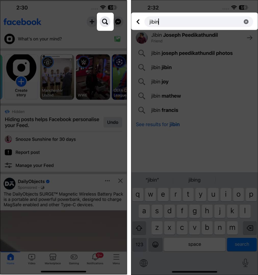 Launch Facebook type profile name in search bar