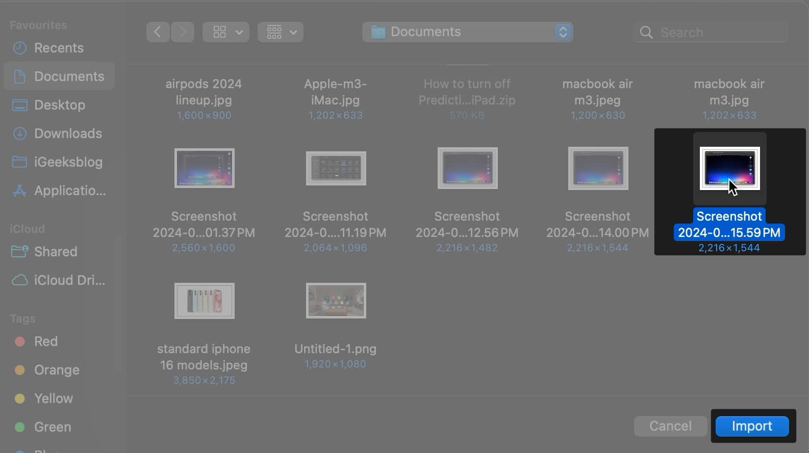 Locate and select the saved screenshot and tap Import
