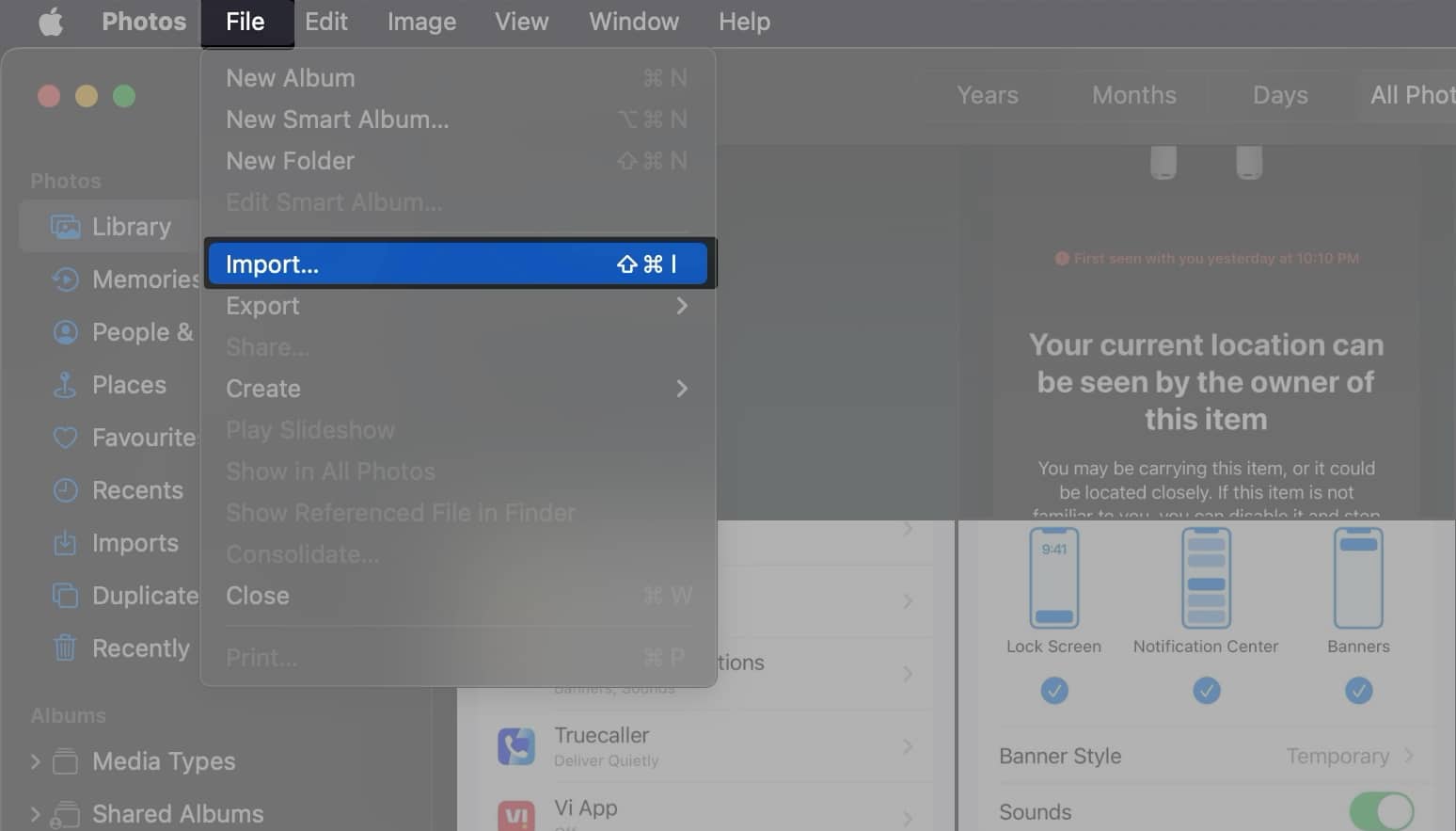 Open Photos app click on Menu bar and Tap Import
