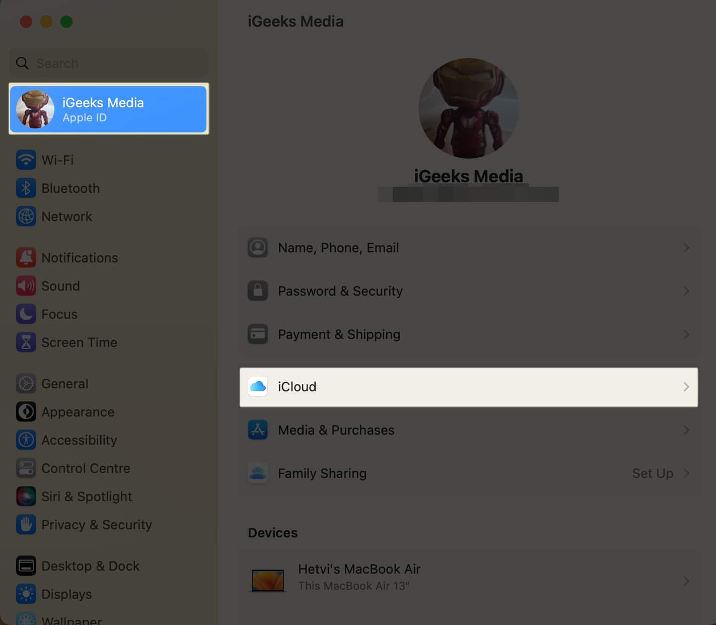 Open System Settings Click on Apple ID Select iCloud