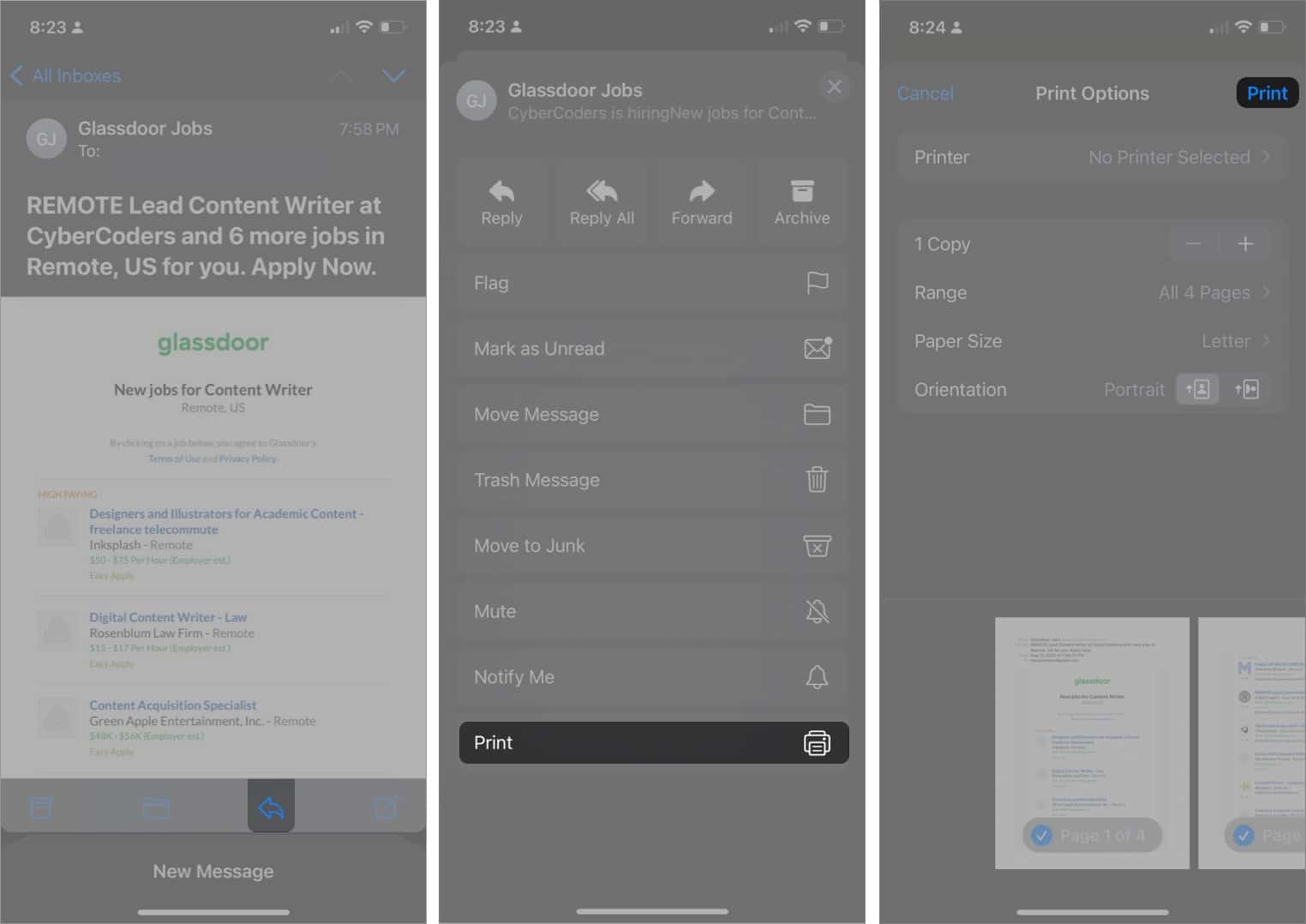 Print email on iphone