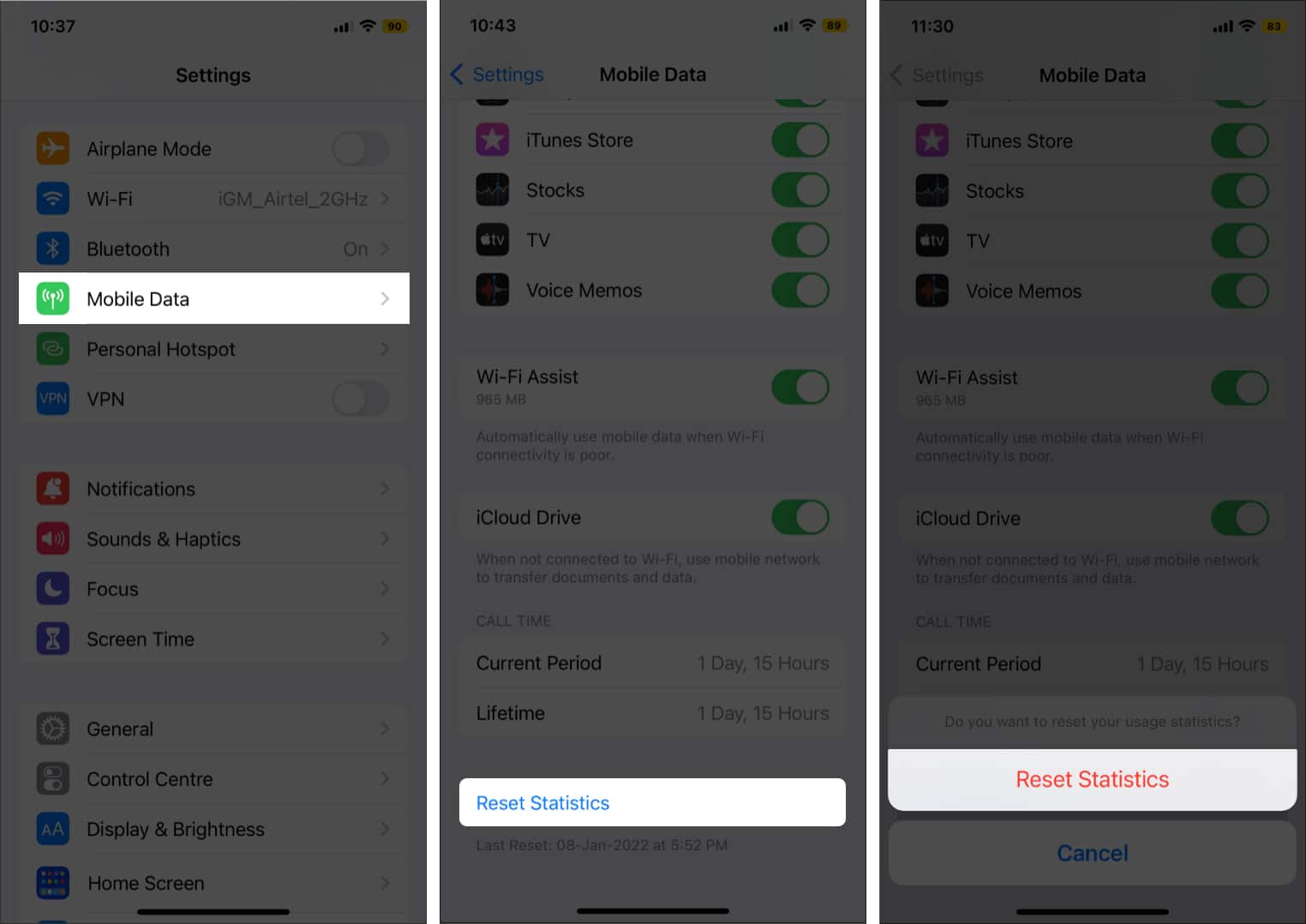 Reset data statistics on iPhone