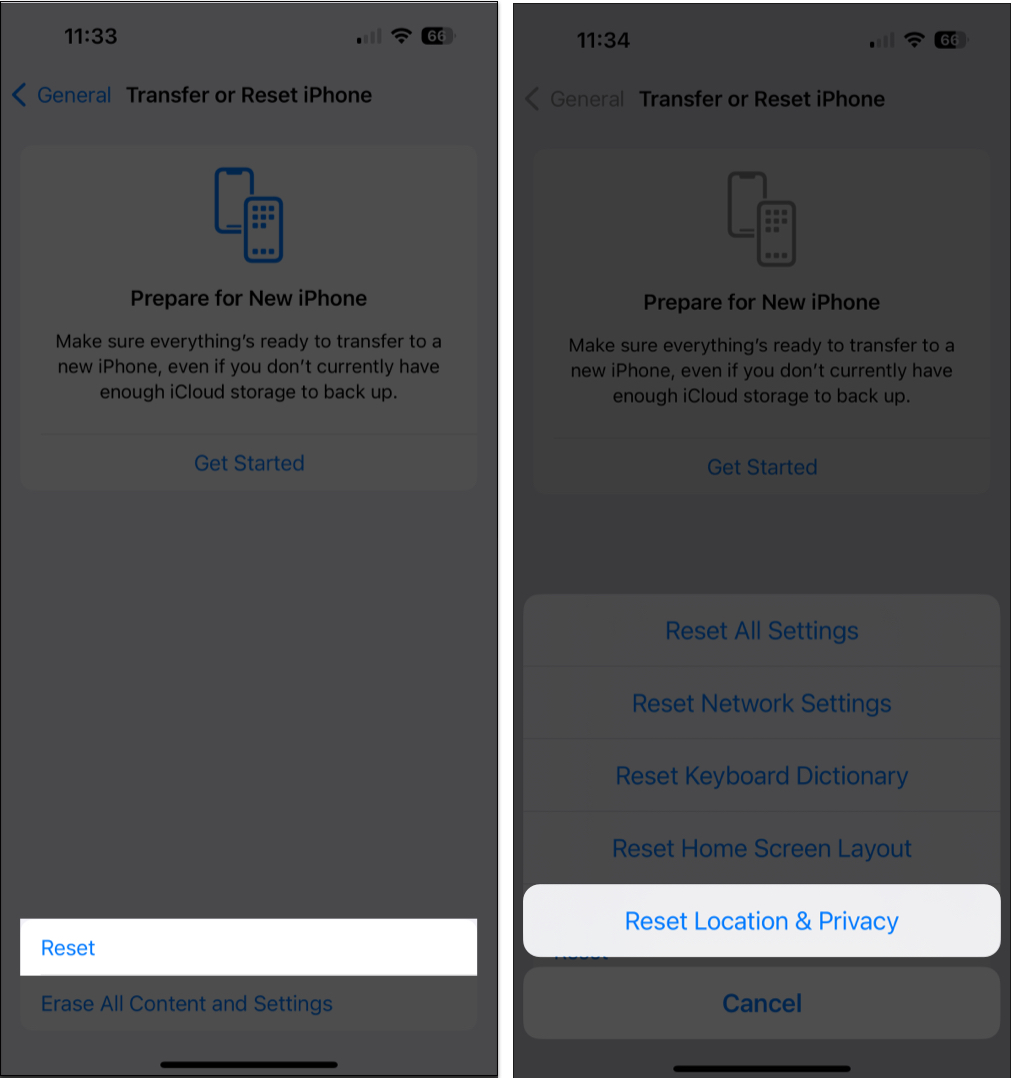 Reset → Reset Location  Privacy