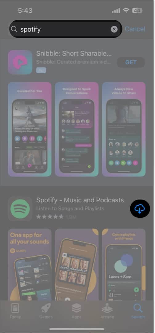Search Spotify tap download icon in App Store