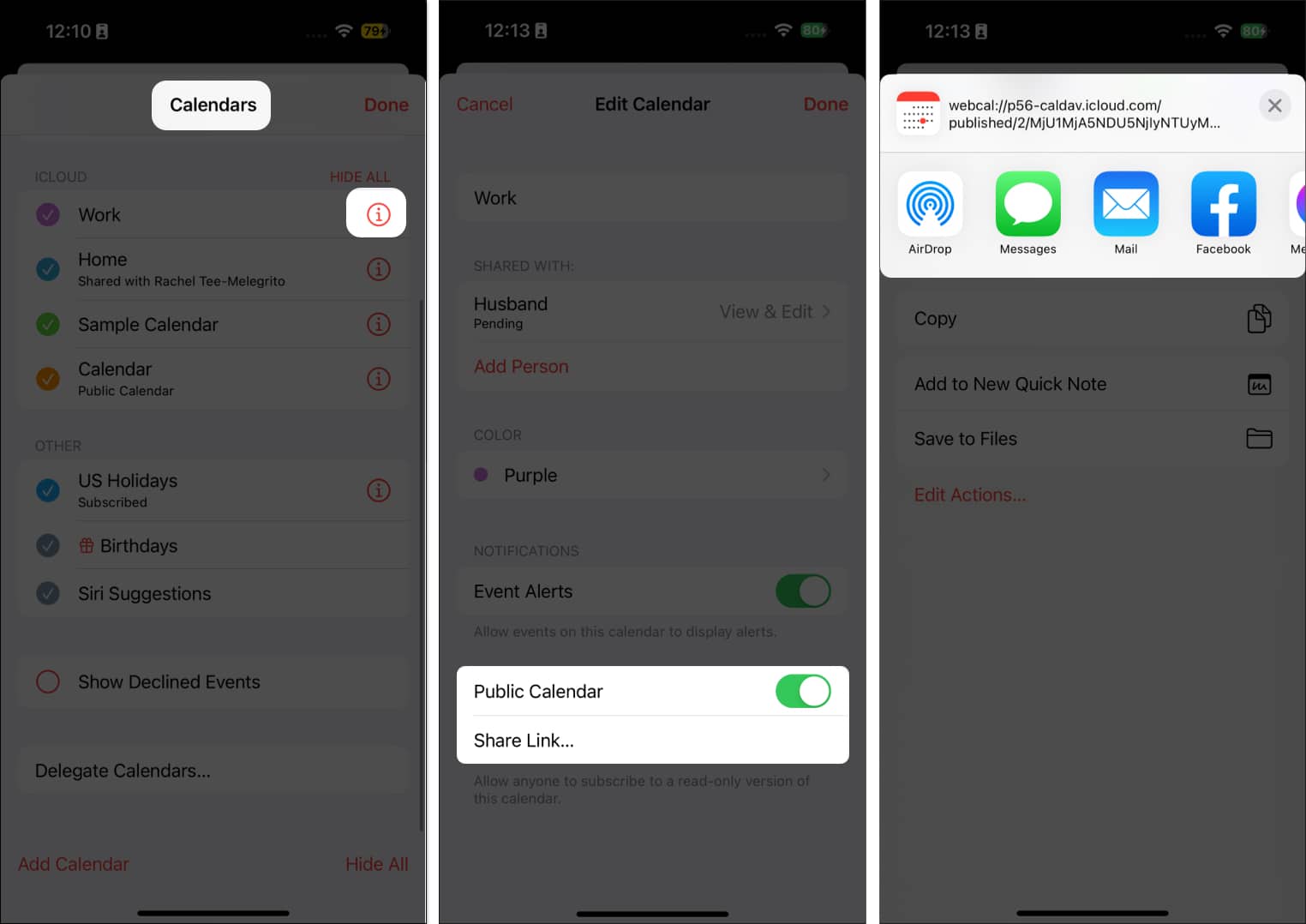 Select Calendar tap info icon toggle on Public Calendar and share link
