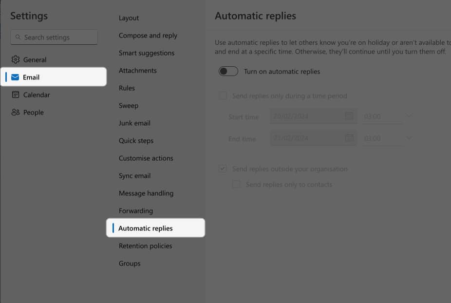 Select Settings choose Email and go to Automatic replies in Outlook