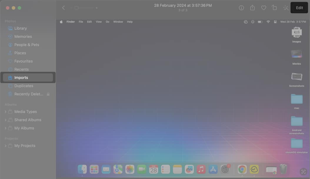 Select imports from sidebar open imported screenshot and tap the Edit button at the top right corner