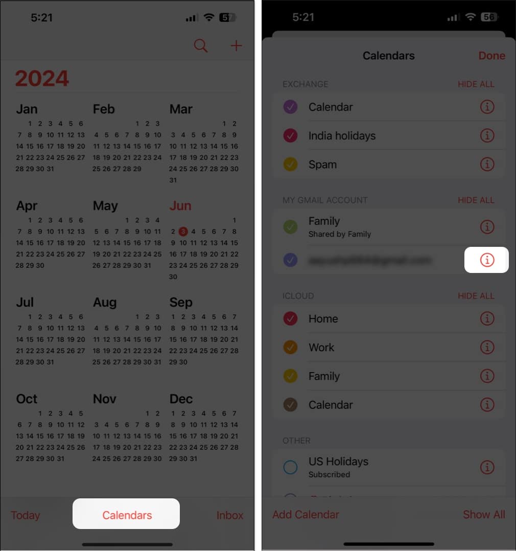 Select third party calendar in Calendars settings on iPhone