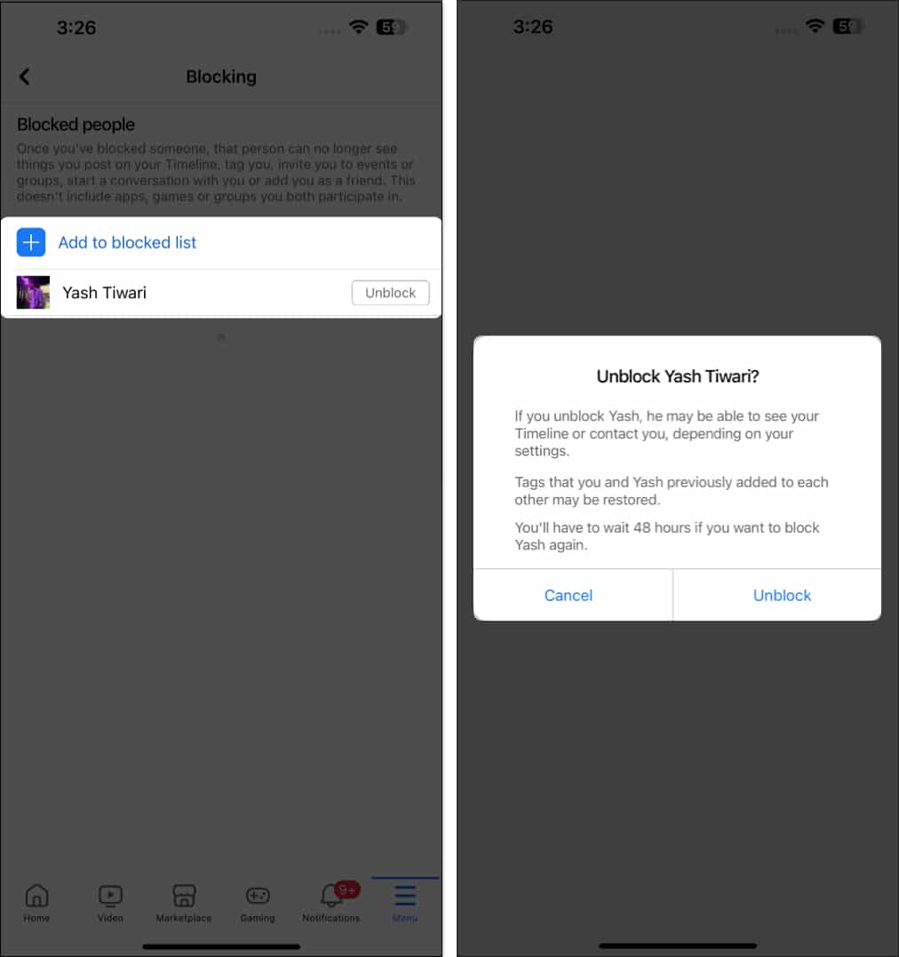 Select unblock tab tap unblock to confirm