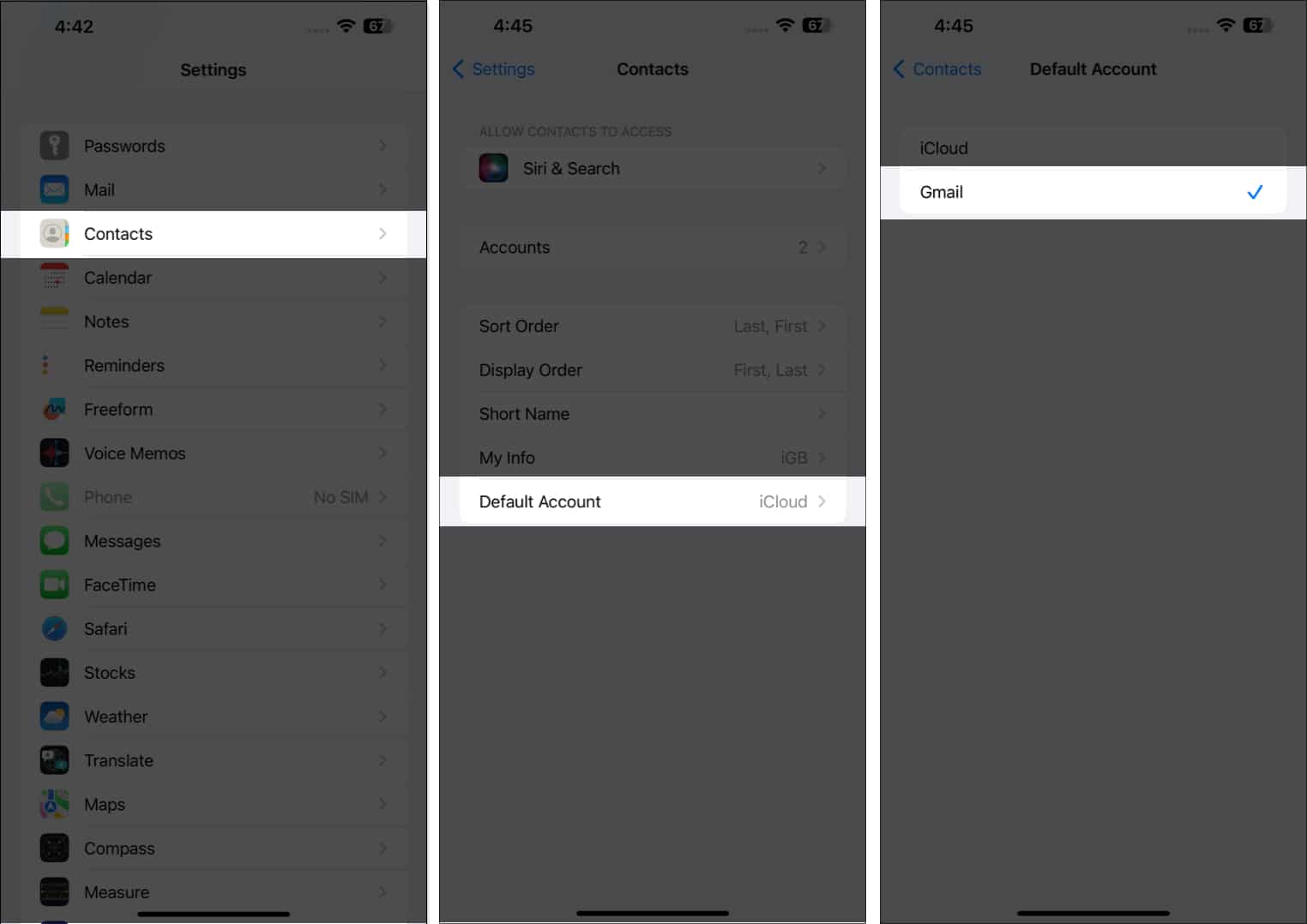 Set Gmail contacts as the default on iPhone