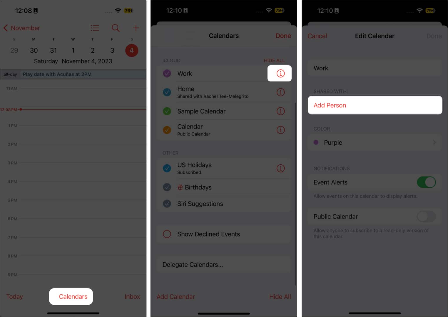 Tap Calendars tap the Info button and Select Add Person