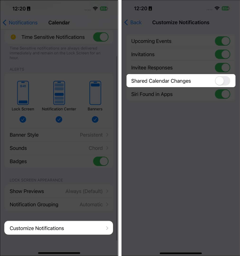 Tap Customize Notifications and Toggle off Shared Calendar Changes