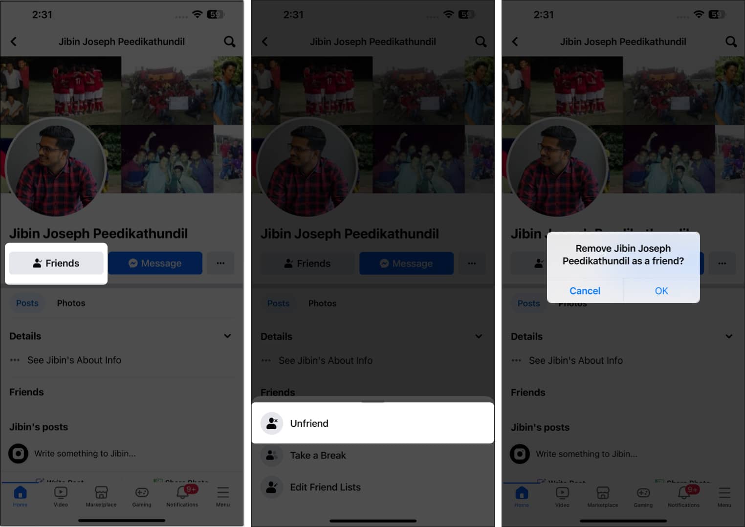 Tap Friends pick Unfriend select ok