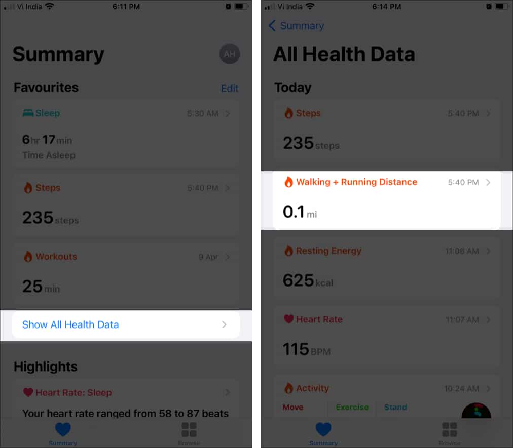 Tap Show All Health Data Select Walking and Running Distance