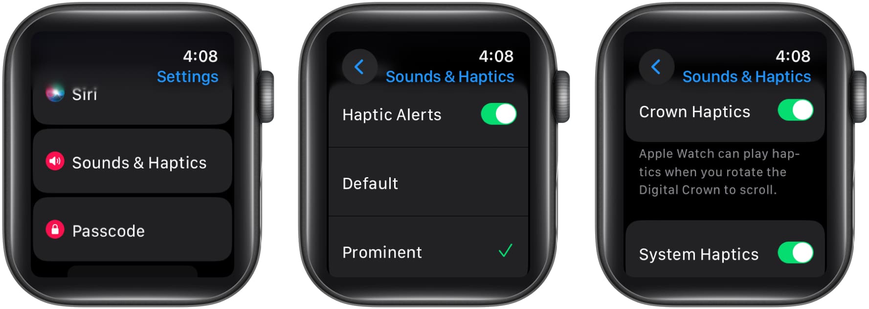 Tap Sounds  Haptics toggle on Haptics select Prominent