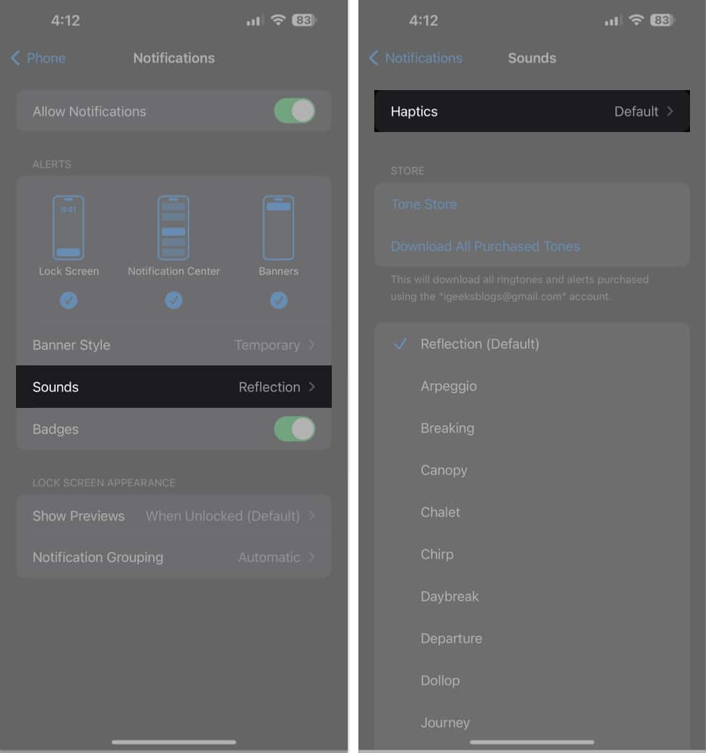 Tap Sounds set Haptics to default