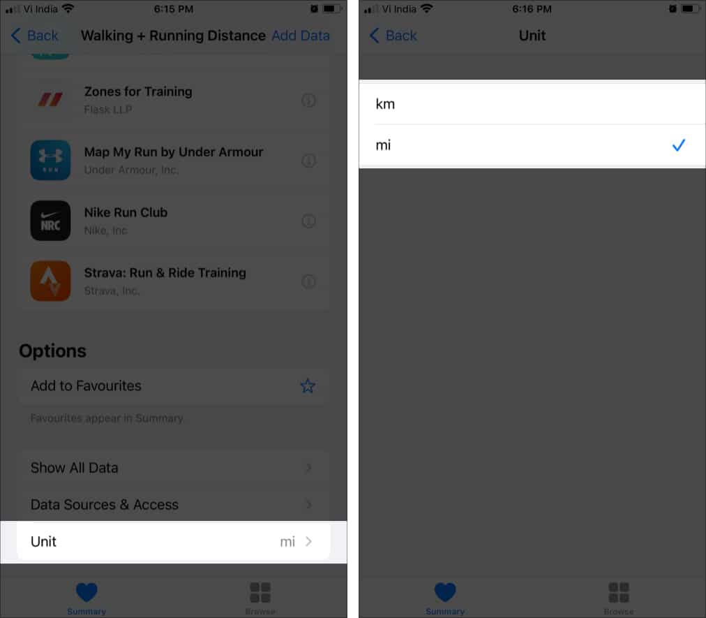 Tap Unit Choose km for Kilometers in Health app