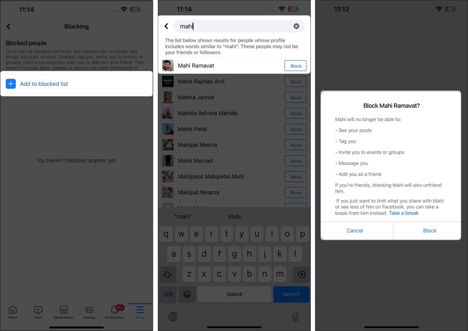 Tap add to blocked list type profile name pick block icon tap block