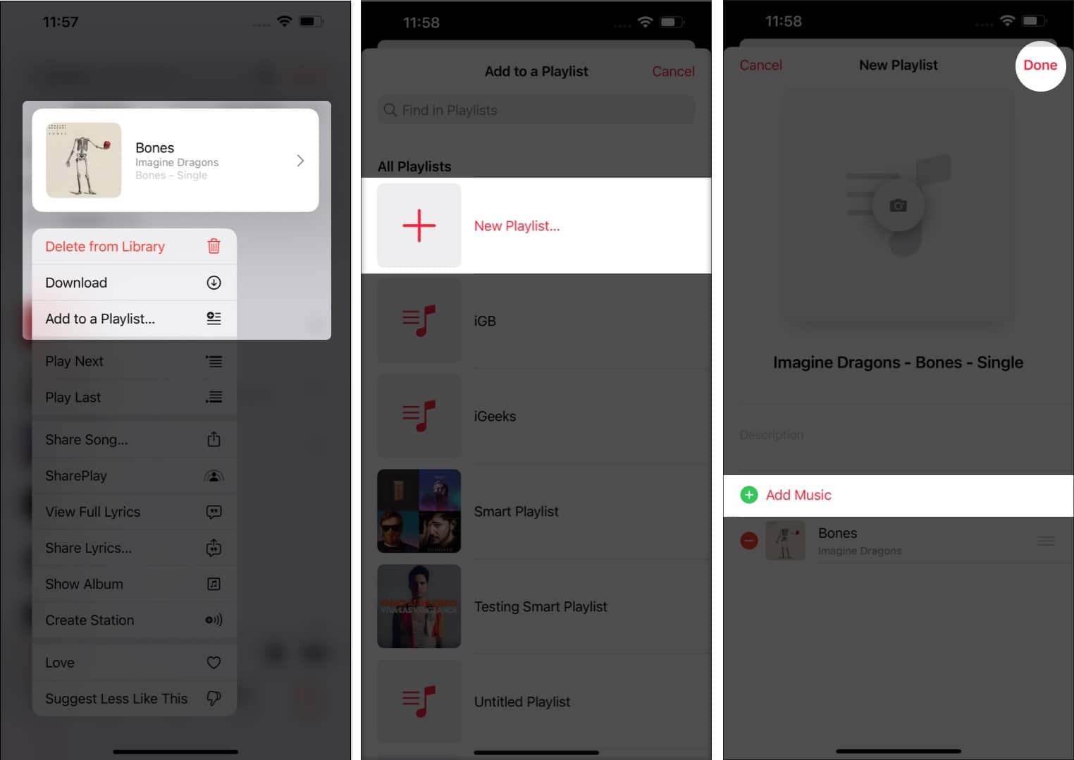 Tap and hold the title of the song Add to a Playlist New Playlist hit add button to add music tap done