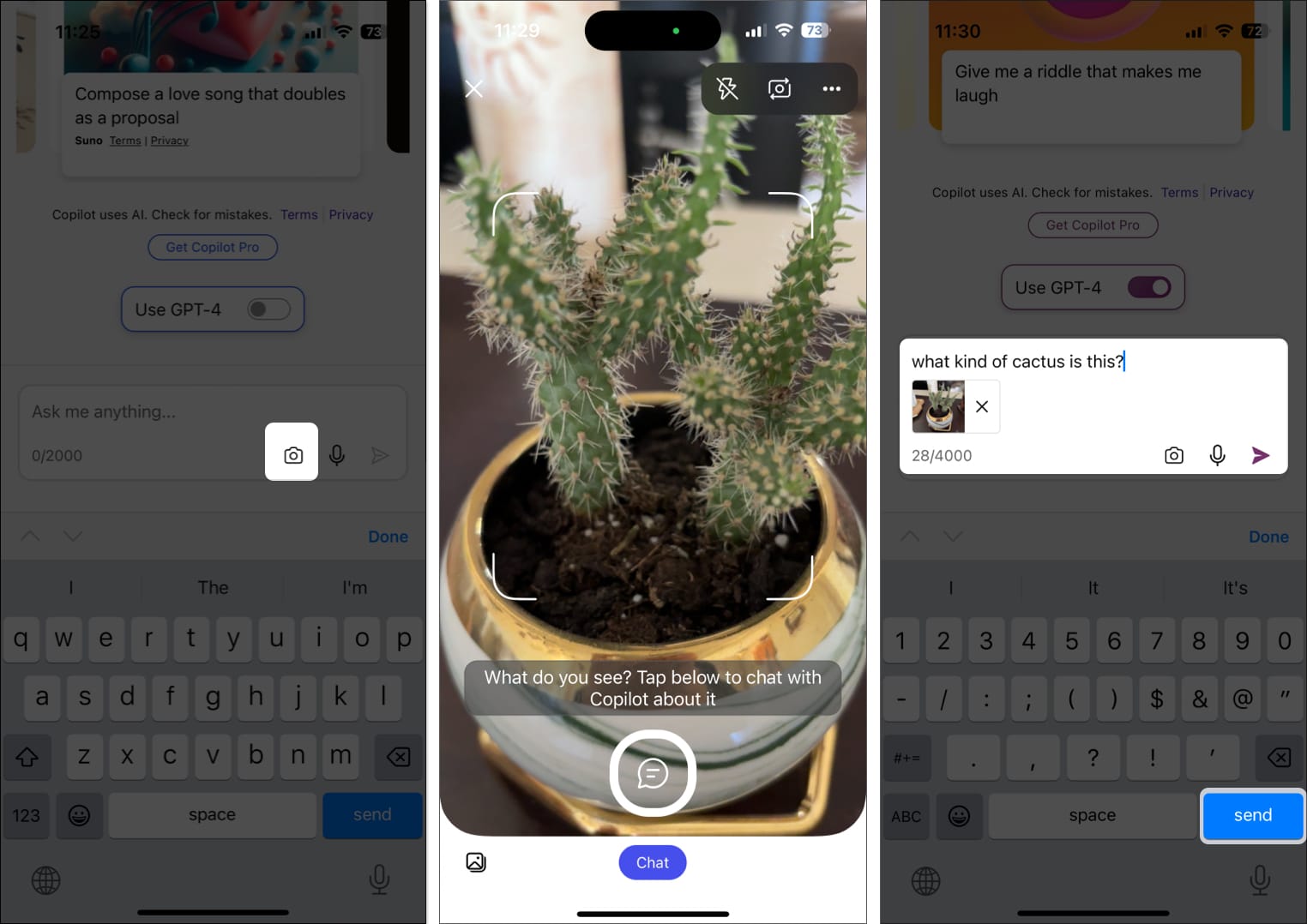 Tap camera icon capture image and tap the white prompt icon write your prompt and tap send
